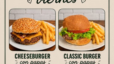 PROMO ALMUERZO DEL DÍA VIERNES EN MOONA ❤️ CLASSIC BURGER / CHEESE BURGER CON PAPAS $14000